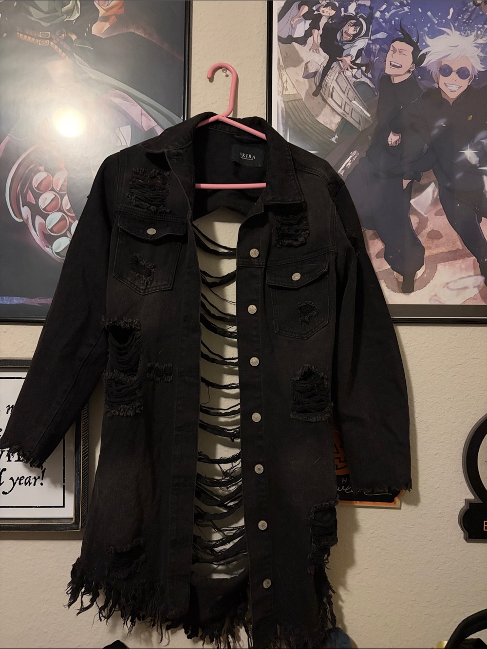 AKIRA Black Distressed Long Jean Jacket
